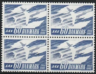 FRIMÆRKER DANMARK | 1961 - AFA 391F - SAS 10 års jubilæum - 60 øre blå flour i 4-blok - Postfrisk
